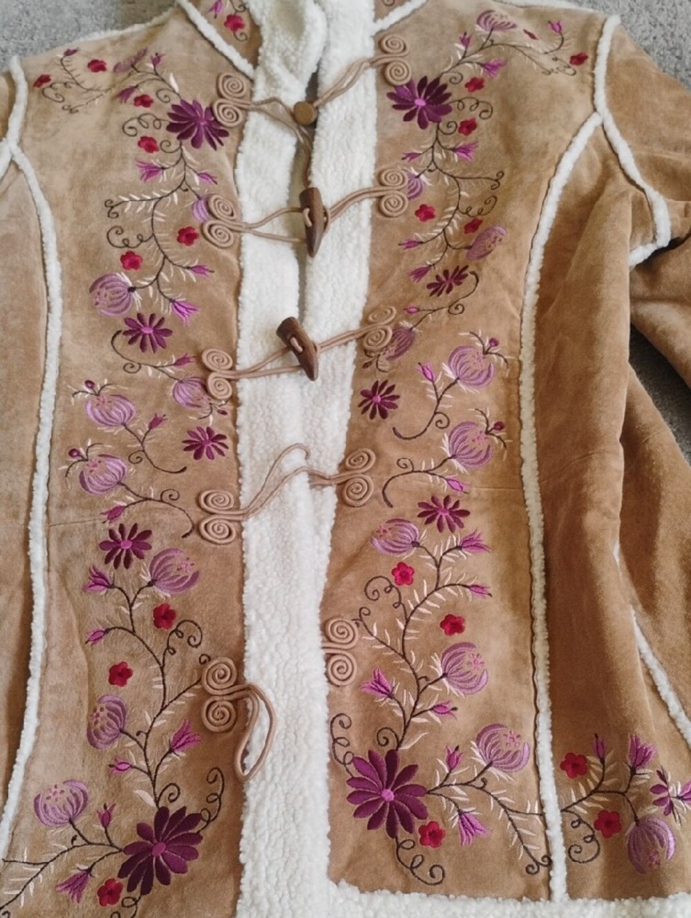 St. John's Bay Tan Suede Jacket with Cream Shearling & Pink Floral Embroidery - Picture 4 of 13
